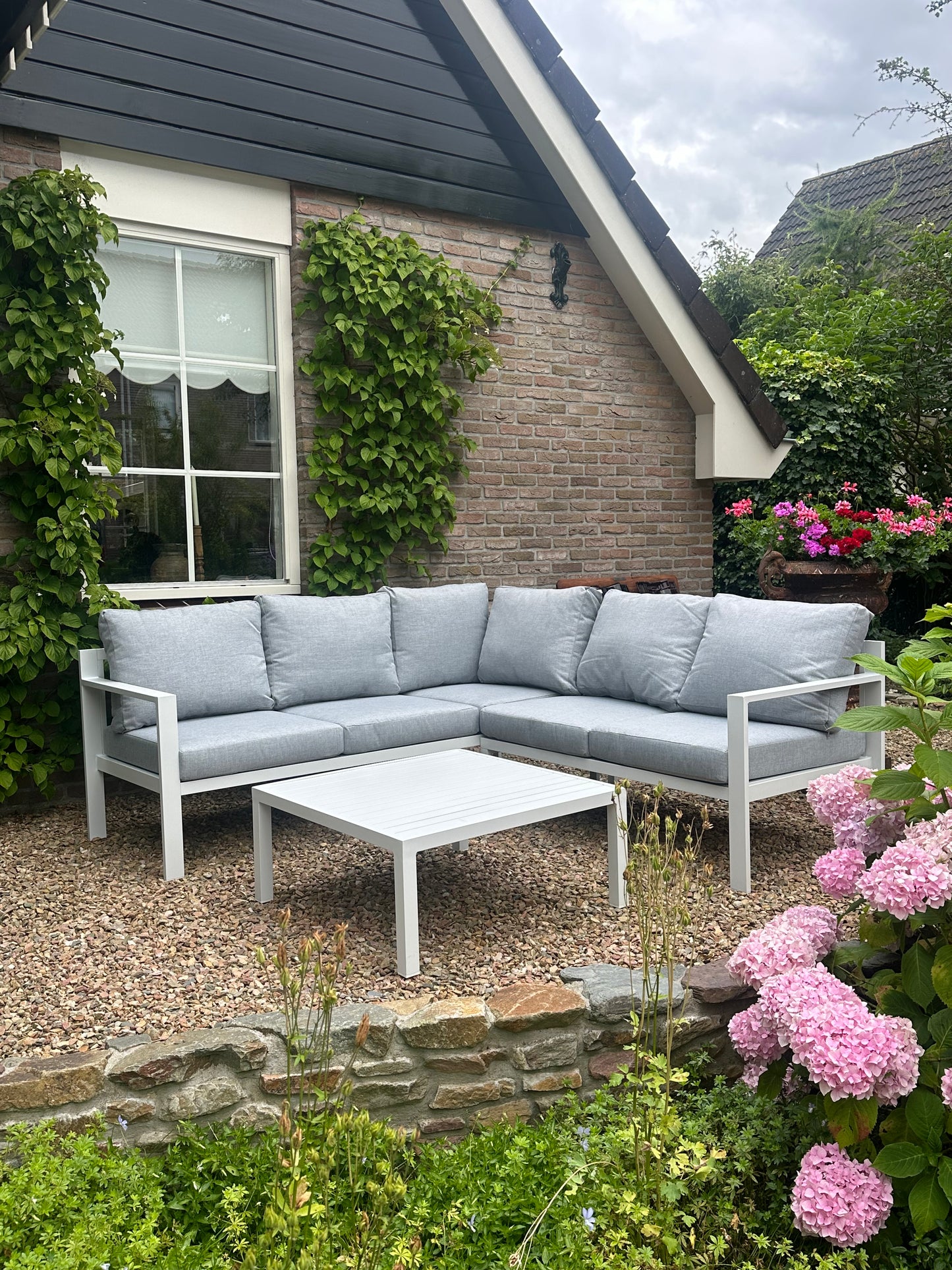 Hoek Loungeset - Hawaii - Aluminium - Wit/Lichtgrijs